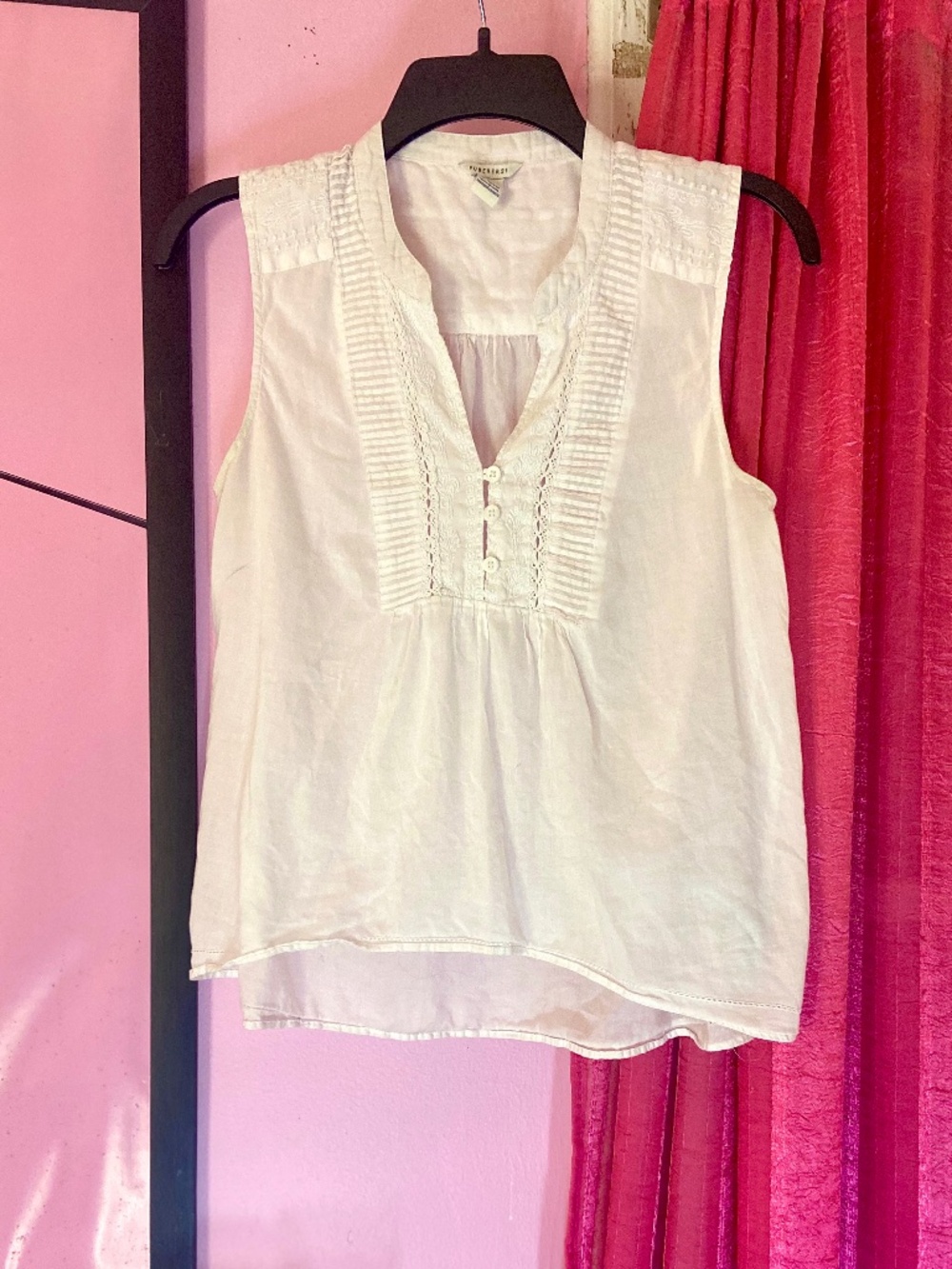 Cotton Gauze Peasant Top Sleeveless Dainty White Lace/Embroidered Women’s Small
